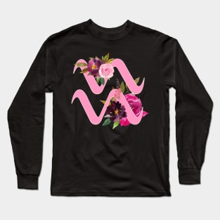 Aquarius Horoscope Zodiac Pink Flower Design Long Sleeve T-Shirt